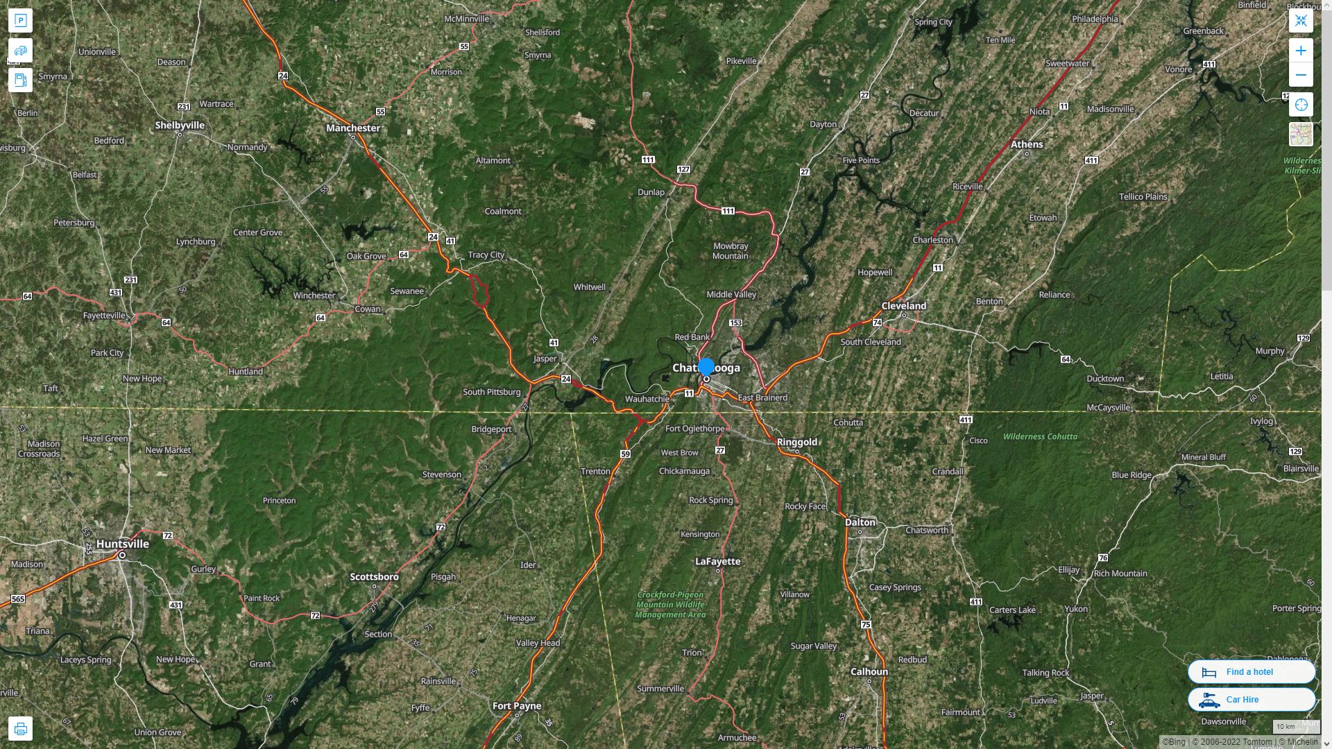 Chattanooga Tennessee Highway and Road Map with Satellite View